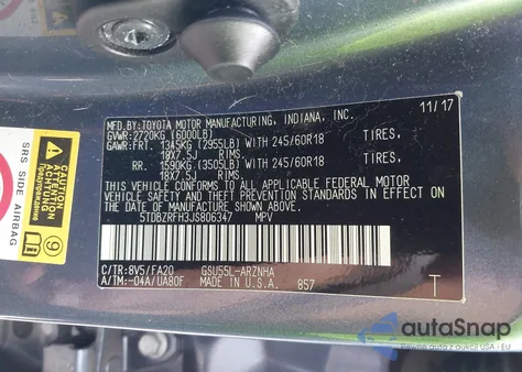 2018 Toyota Highlander Le Plus из США, поврежденный, VIN 5TDBZRFH3JS806347